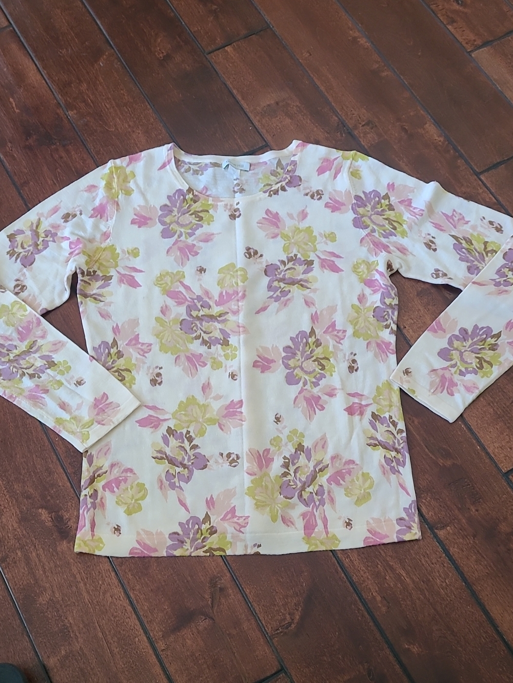 Garnet Hill White Floral Long-Sleeve 100% Merino Wool Lightweight Sweater  Sz M